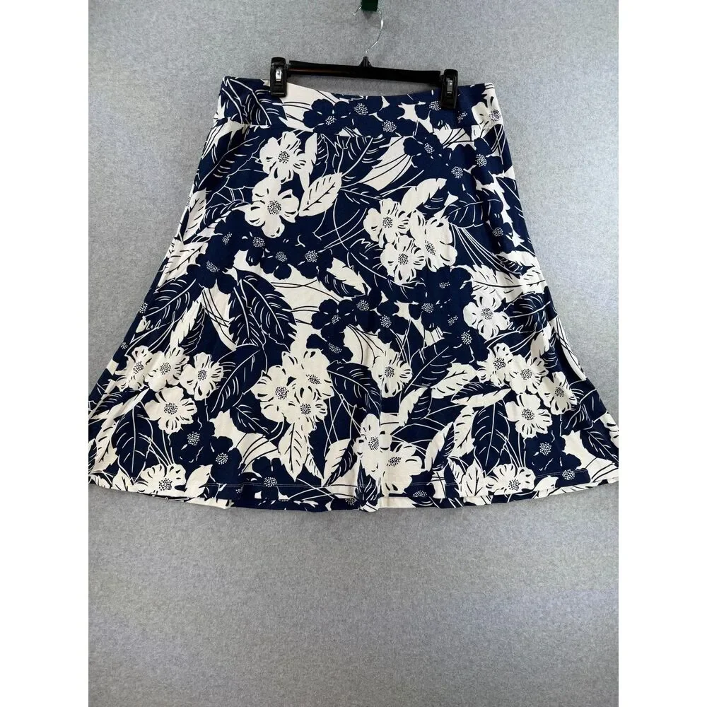 Lands' End Women's L Petite 14-16 Navy White Floral A-Line Skirt 3414